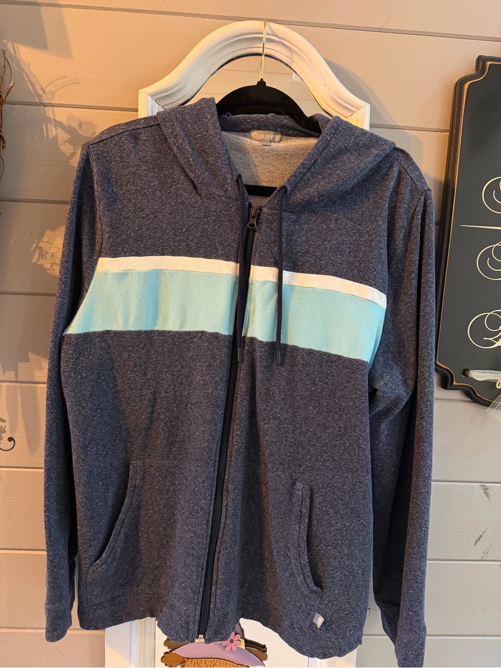 Navy Zip Hoodie Sweater with Light Blue Stripe